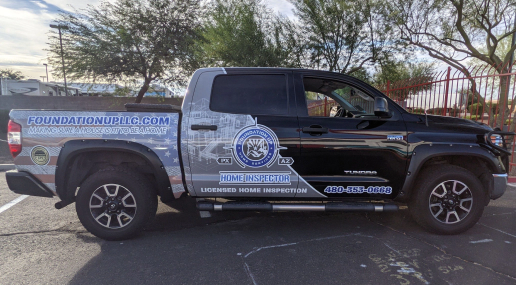 Image of a wrapped Toyota Tundra from Foundation Up Home Inspection